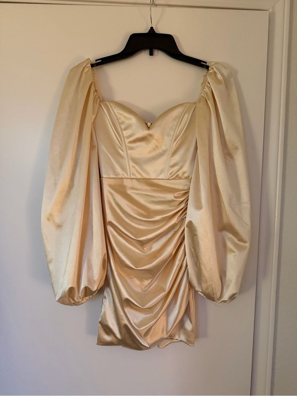 Oh Polly Satin Puff-Sleeve Mini Dress in Champagne Ivory